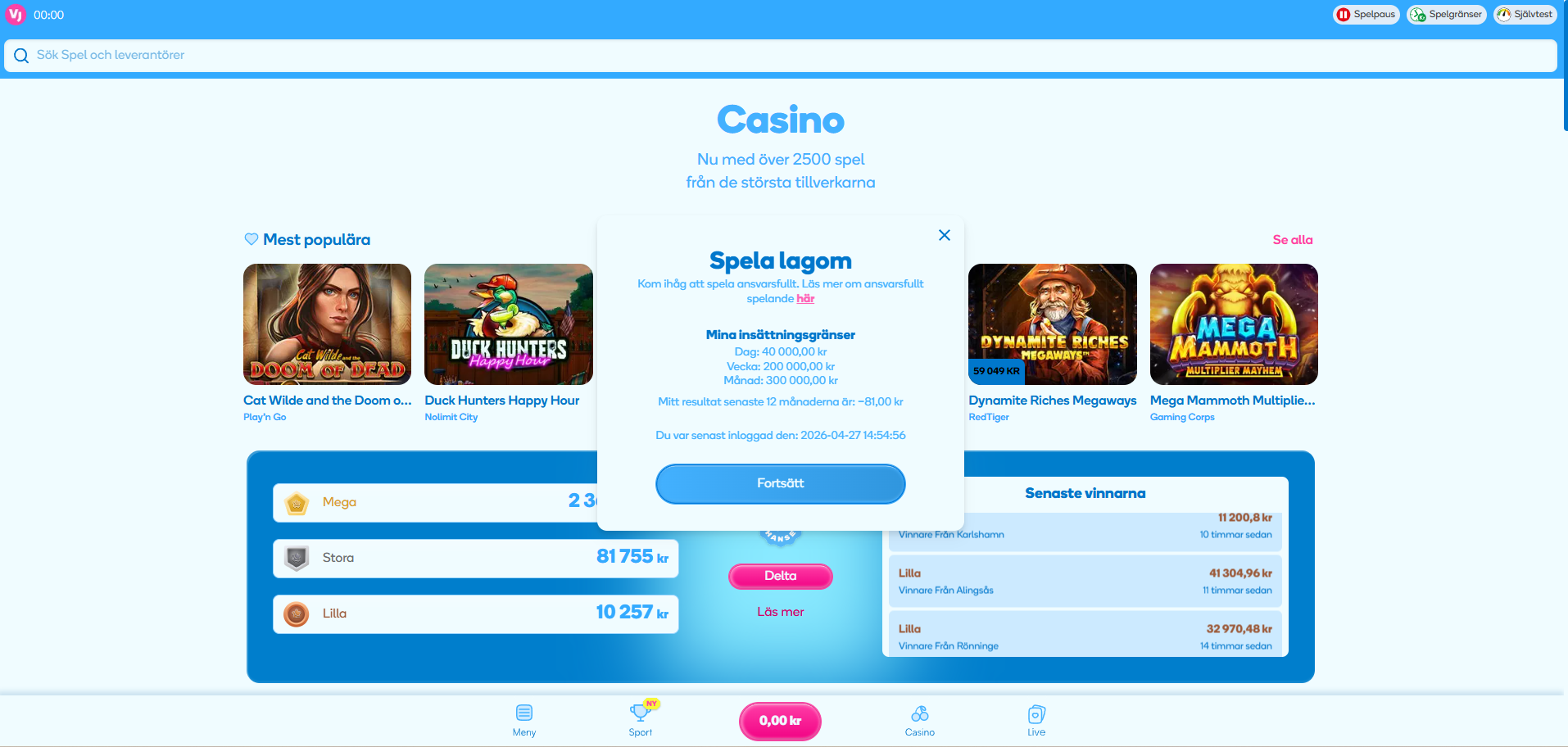 Skärmdump av Vera&Johns inloggningspopup Spela lagom som visar spelarens insättningsgränser per dag, vecka och månad samt 12-månaders nettoresultat i kronor